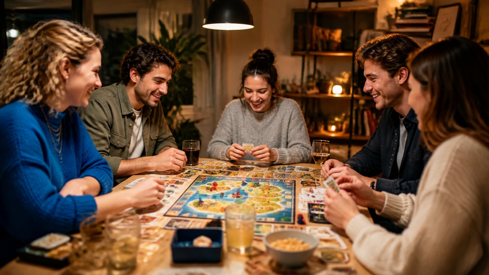Vrienden rond een tafel tijdens een gezellige bordspelavond