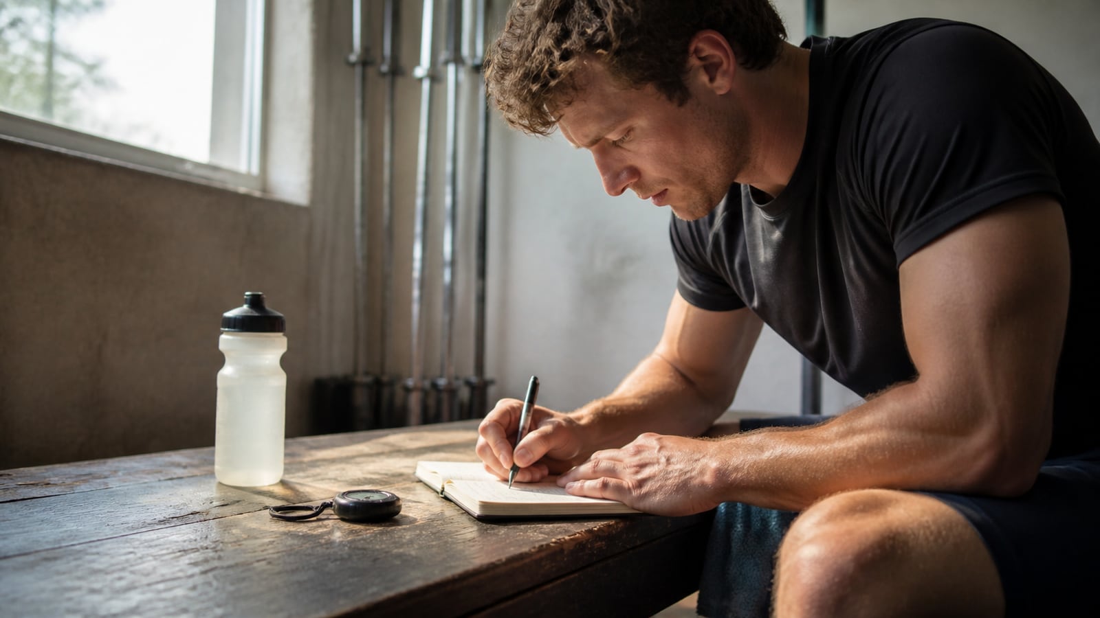 Atleet noteert kort de training in een eenvoudig logboek